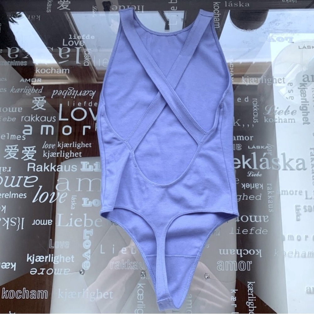 WILFRED Periwinkle blue Bodysuit One Piece with Criss-Cross Neckline, Size XS